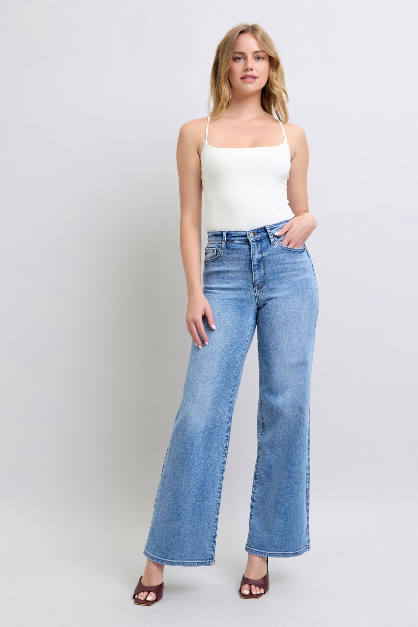 Judy Blue Full Size Wide Leg Jeans with Pockets – 93% Cotton Soft Stretch High-Comfort Denim