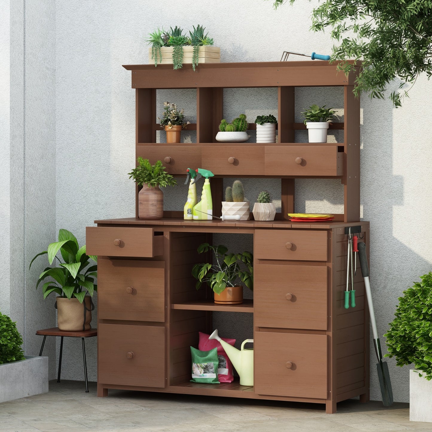 Video Provided  TOPMAX Garden Potting Bench Table, Rustic And Sleek Design With Multiple Drawers An