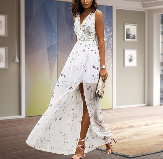 Women’s V-Neck Printed Chiffon Spandex Lace-Up Dress - Fashionable Long Dress