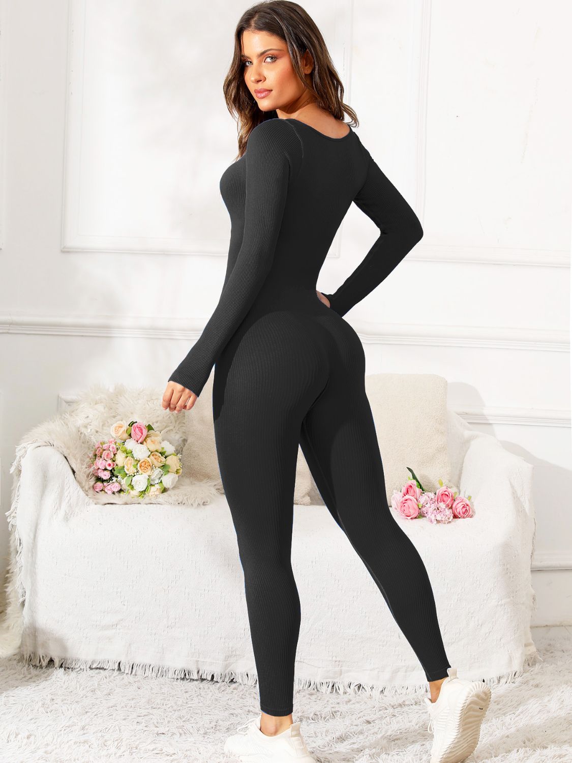 Women’s Scoop Neck Long Sleeve Workout Jumpsuit - Activewear for Yoga, Gym & Everyday Style