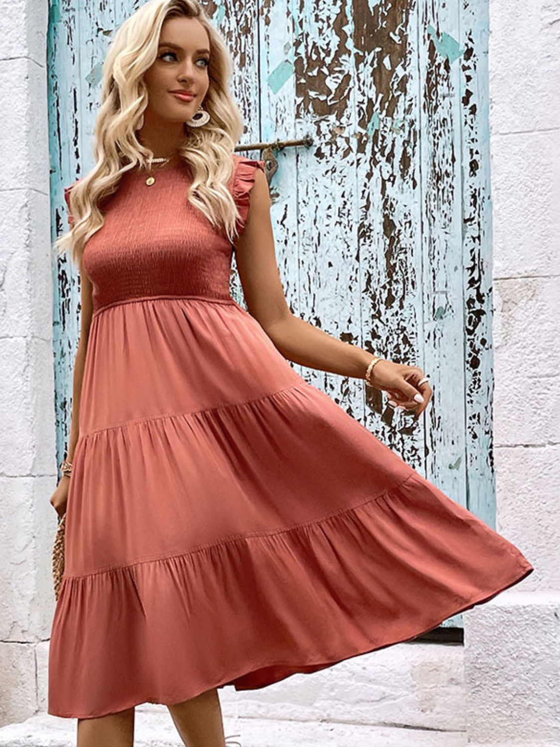 Smocked Tiered Midi Dress with Round Neck – Perfee Collection