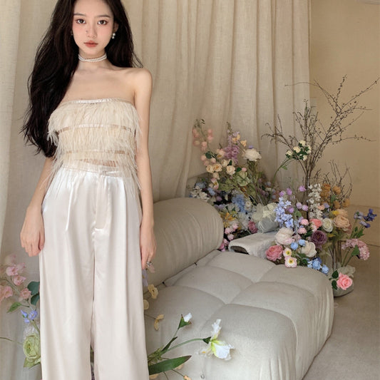 Women's Summer Short Strapless Fringed Top Trousers