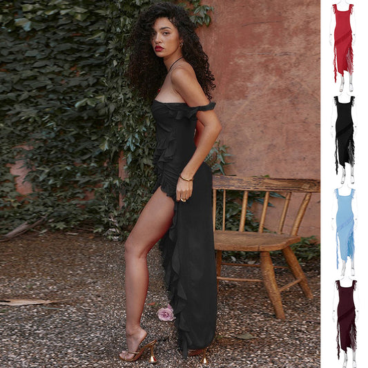 Sexy Backless Suspender Dress: Stunning Square Neck Thigh-High Split for Evening Wear