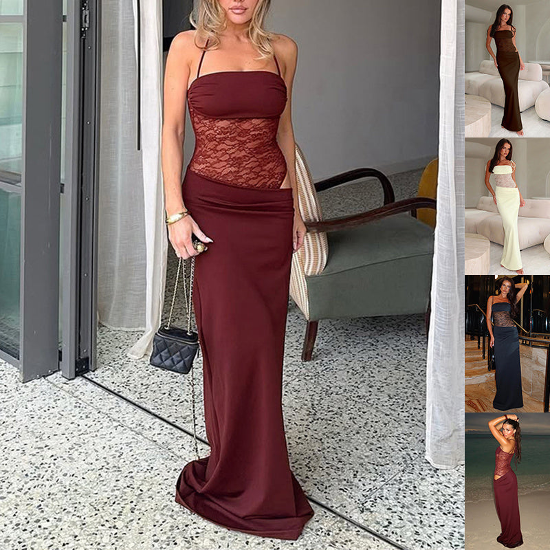 Lace Panel Spaghetti Strap Maxi Dress – Sheer Waist Gown in Wine Red, Black & More