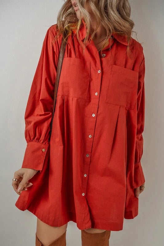 Cotton Long Sleeve Shirt Dress with Pockets and Button Down Front – Casual & Comfortable Women’s Dress