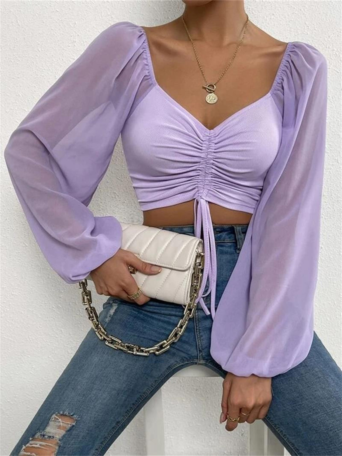Women’s Drawstring Sweetheart Neck Cropped Top – Long Sleeve Ruched Front Blouse