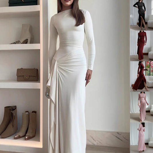 Elegant Asymmetric Split Maxi Dress – Slim Fit, Long Sleeve, Trendy Solid Color Gown for Women