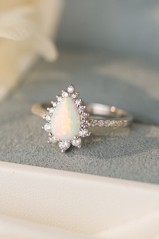 Pear Cut Opal Ring – Platinum-Plated 925 Sterling Silver with Zircon Accents