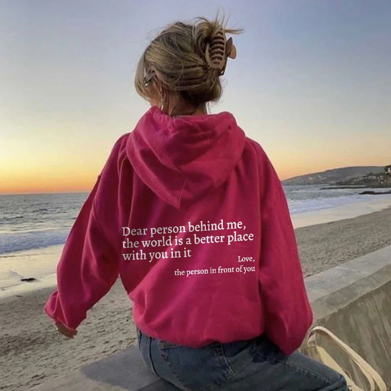 Women's Fashion Plush Letter Printed Kangaroo Pocket Drawstring Hoodie with Encouraging Message