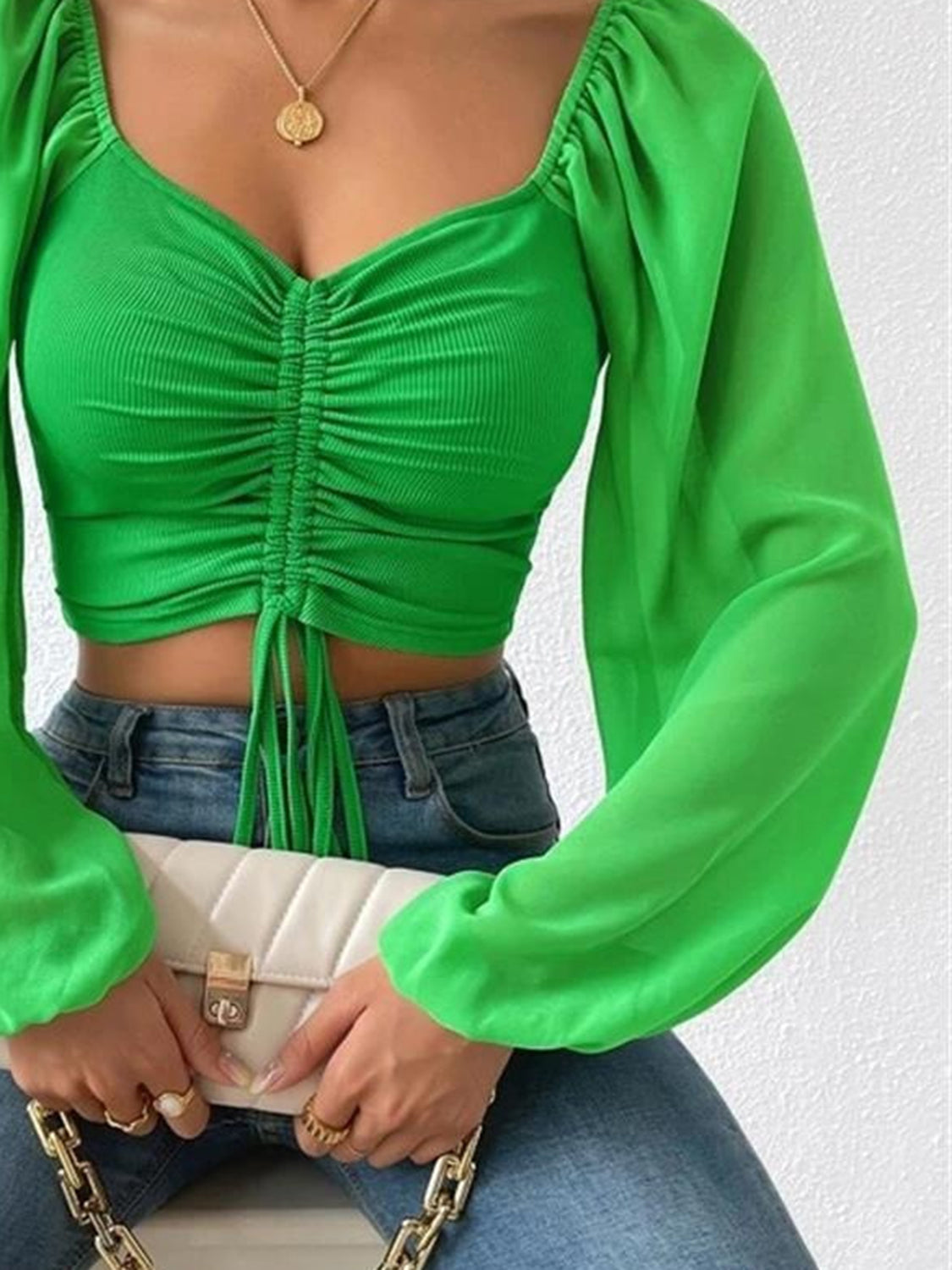 Women’s Drawstring Sweetheart Neck Cropped Top – Long Sleeve Ruched Front Blouse