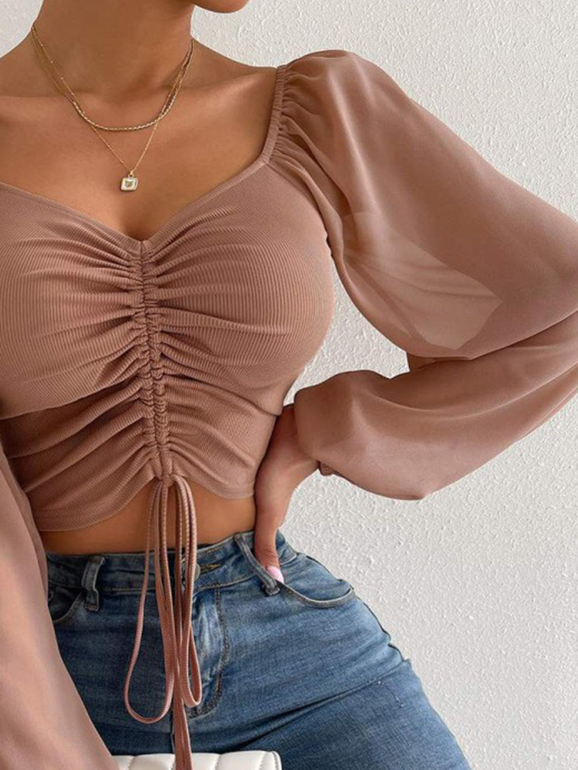 Women’s Drawstring Sweetheart Neck Cropped Top – Long Sleeve Ruched Front Blouse