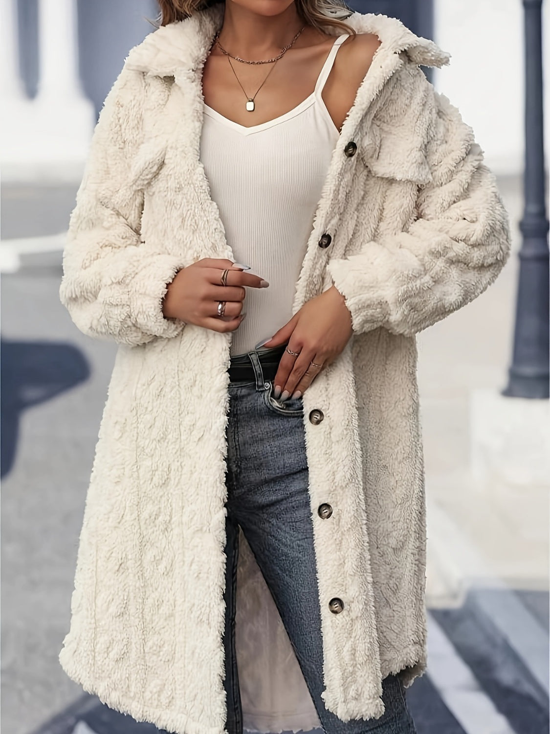 Women’s Fuzzy Button-Up Longline Coat – Soft Textured Long Sleeve Jacket in Cream