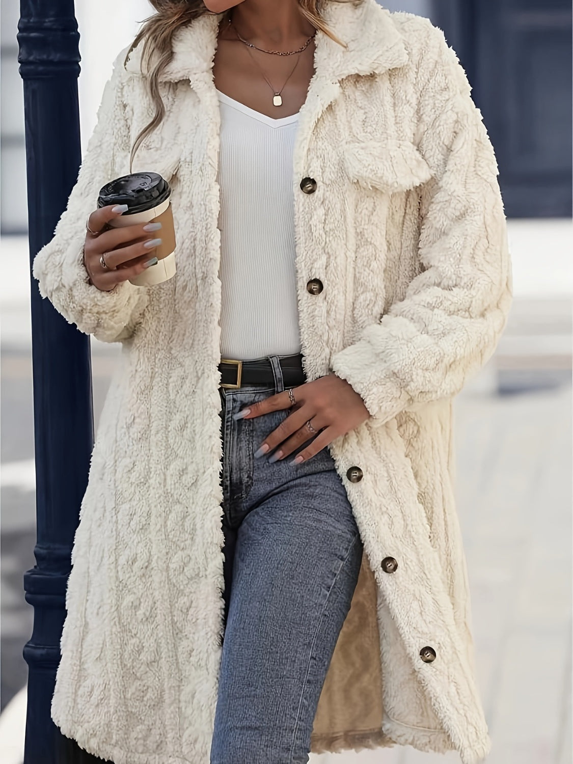 Women’s Fuzzy Button-Up Longline Coat – Soft Textured Long Sleeve Jacket in Cream