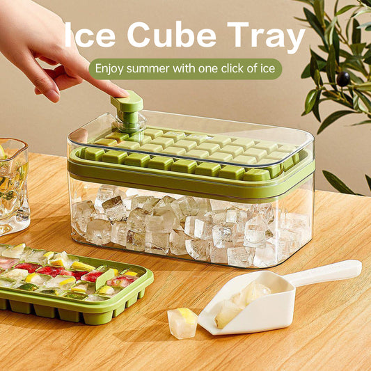 Ice Cube Tray Set Including Lid and Bin, 64 Pieces Ice Cube Molds, Freezer Ice Trays, Mold for Ice Cubes with 2 Trays, Container for Freezing Ice, Lid and Scoop for Spill Prevention, Ideal for Various Beverages.