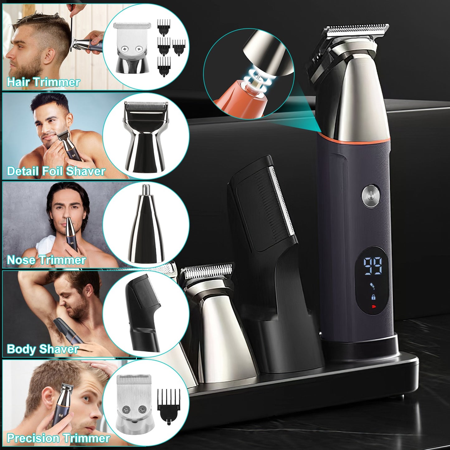 Men’s 5-In-1 Beard Trimmer & Grooming Kit – Waterproof Cordless Electric Razor