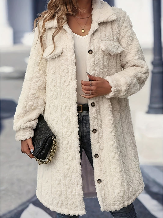 Women’s Fuzzy Button-Up Longline Coat – Soft Textured Long Sleeve Jacket in Cream