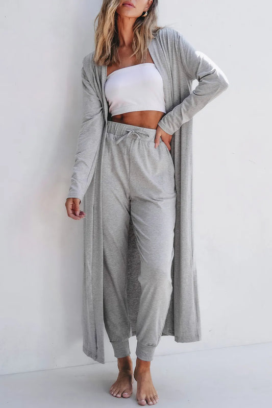 Open Front Long Sleeve Cardigan and Pants Lounge Set – 2-Piece Opaque Drawstring Loungewear for Women