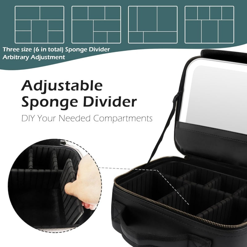 Makeup Bag With Removeable Lighted Mirror Travel Makeup Case 3 Color Lights Dimmable 4K Large Mirror Built-in Battery Detachable Dividers