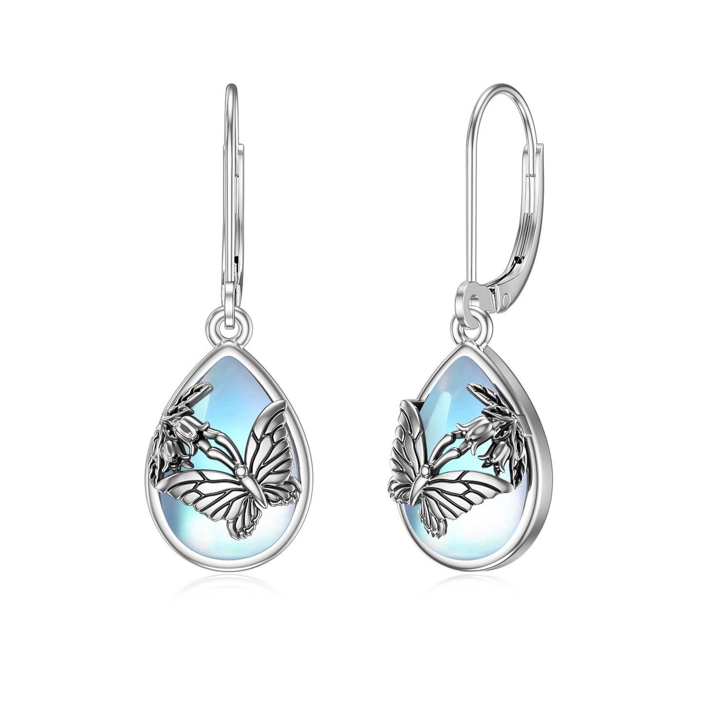 Moonstone Butterfly Leverback Earrings - 925 Sterling Silver Women’s Jewelry