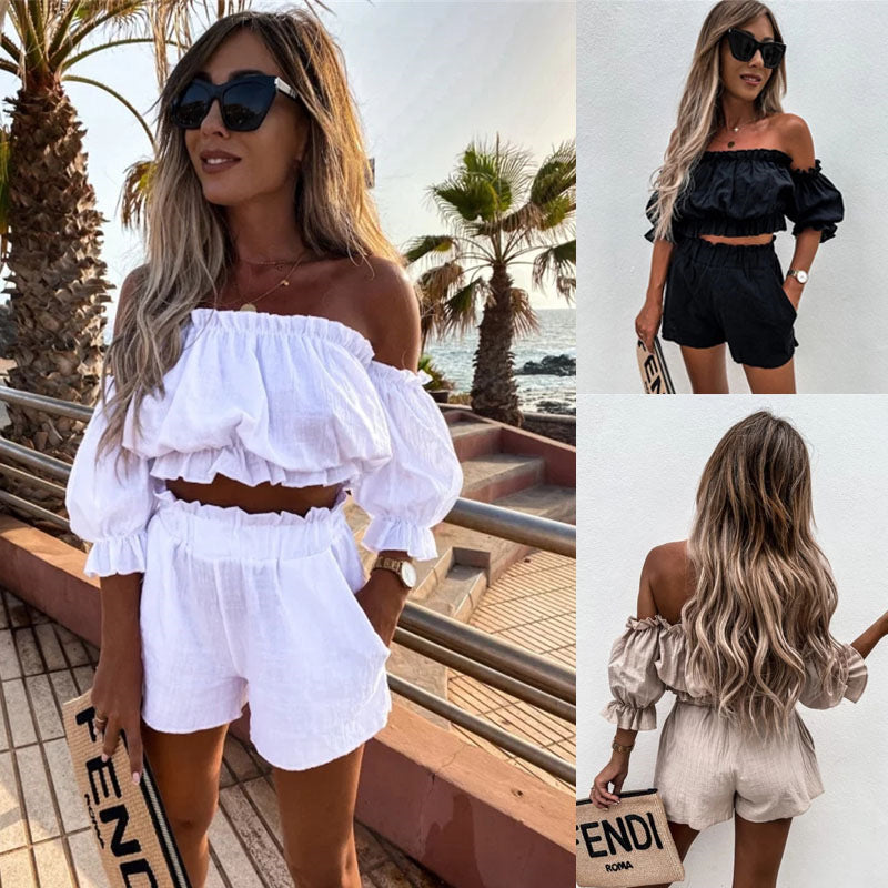 Women's Summer Style One-Shoulder Wrapped Chest Short Top and Shorts Two-Piece Set