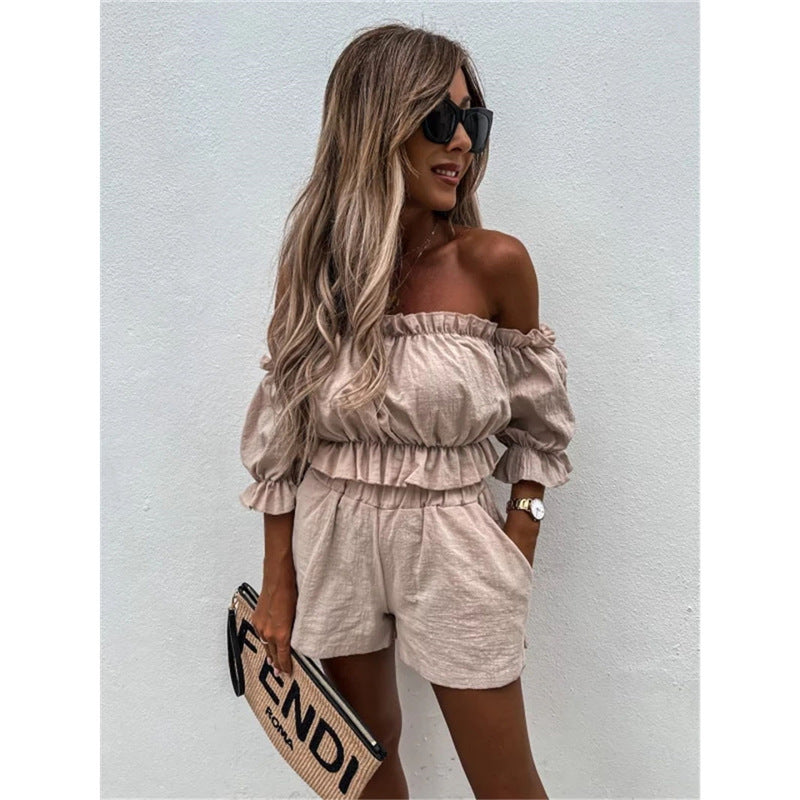 Women's Summer Style One-Shoulder Wrapped Chest Short Top and Shorts Two-Piece Set