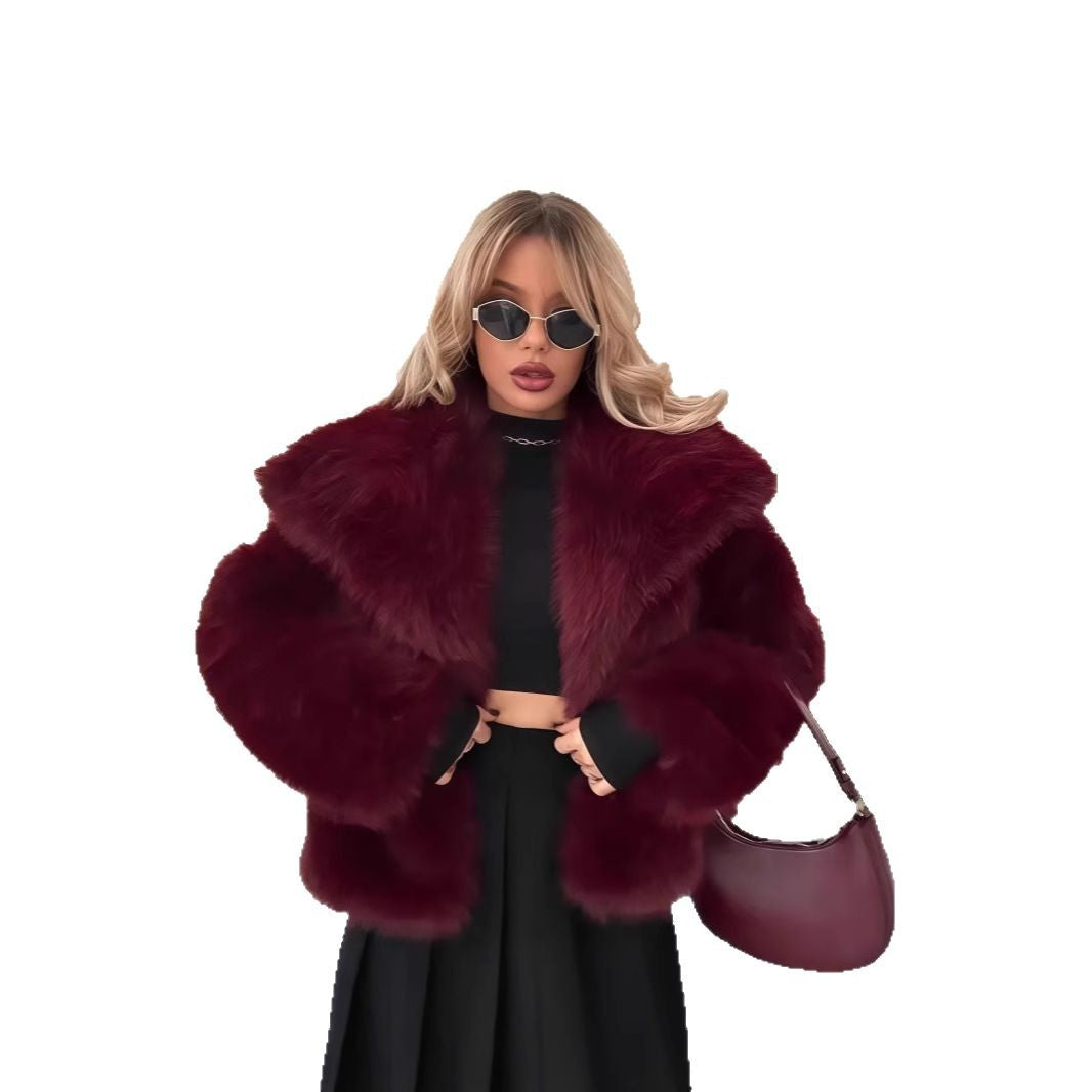 Women's Pure Color Versatile Faux Fur Collar Long Sleeve Coat