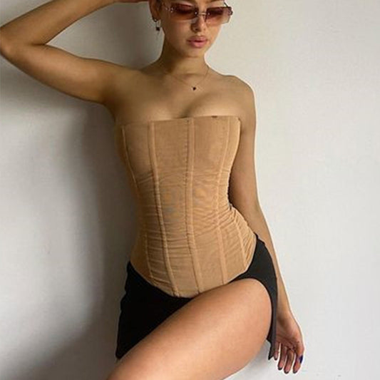 Women’s Summer Mesh Crop Corset Tank Top - Skinny Sleeveless Tube Top for Party and Streetwear